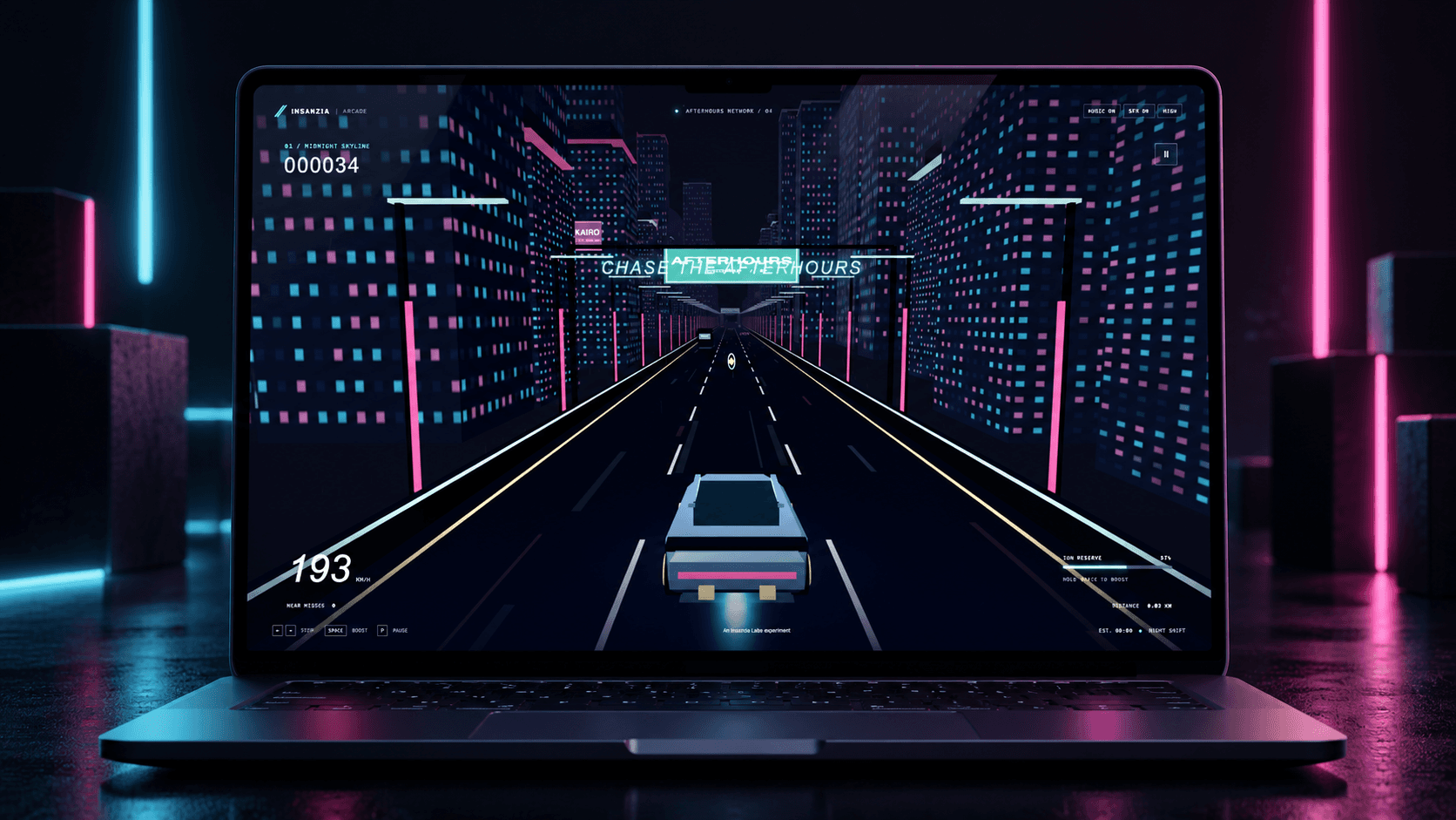 Neon Drift running on a laptop, with a futuristic car racing through a cyan and magenta night city